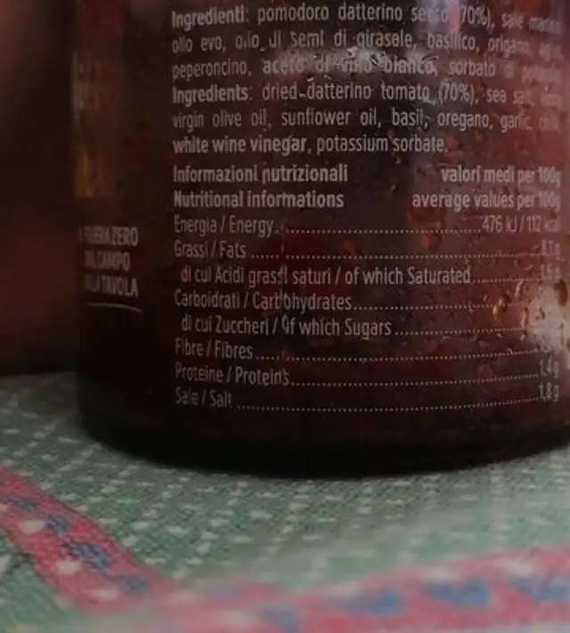 CREMA di capuliatu nutrition facts table