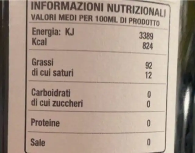 Organic extra vergin oliv oil nutrition facts table