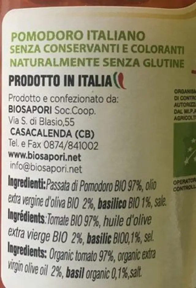 Sugo mediterraneo ingredients label