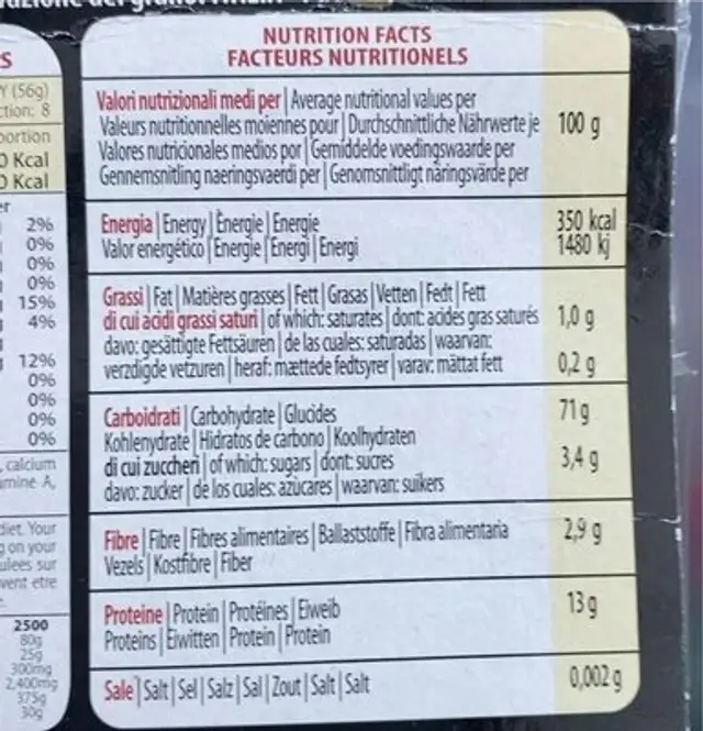 Fileja nutrition facts table