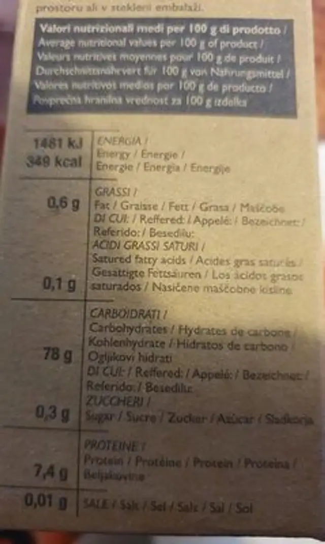 Riso del Delta del Po Arborio IGP nutrition facts table