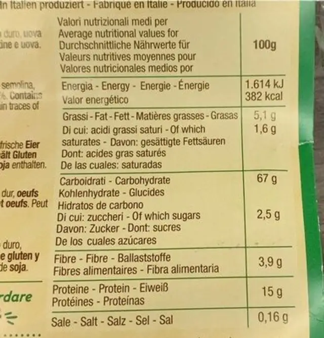 Quadrucci nutrition facts table