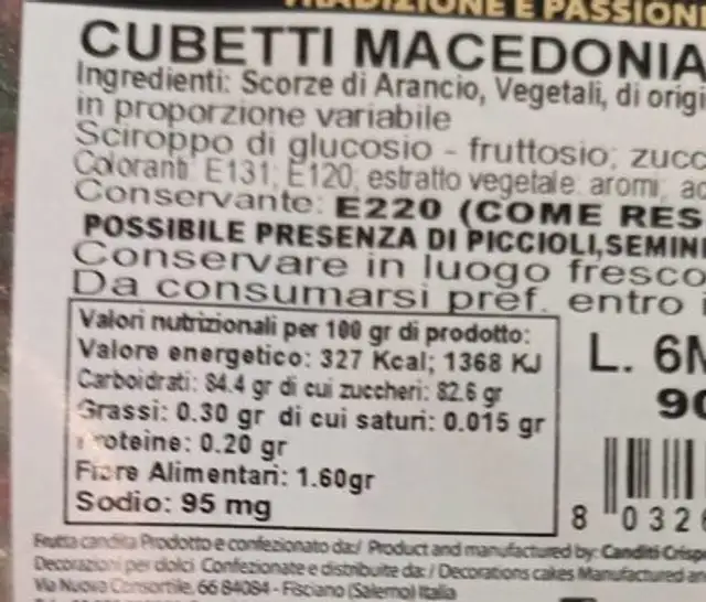Cubetti macedonia canditi nutrition facts table