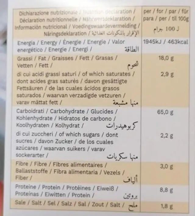 Tocchetti nutrition facts table