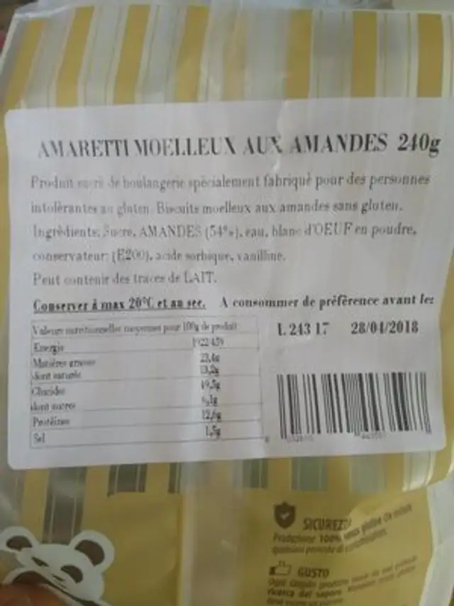 Alimenta 2000 Pasta Di Mandorle "Amaretti Morbidi Del Vesuvio" nutrition facts table