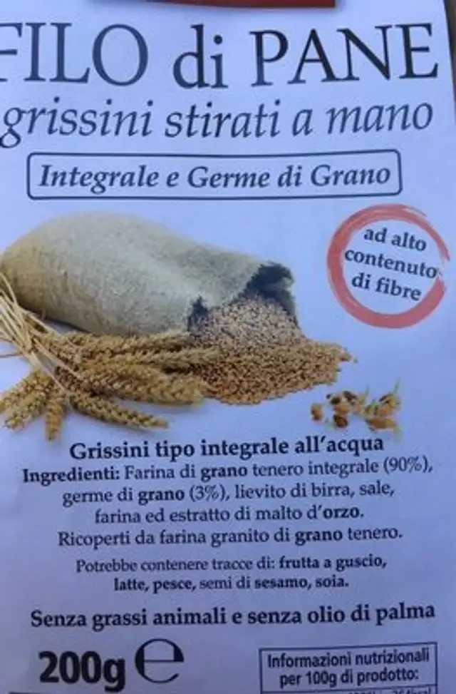 Filo di pane Gressin integrale e germe di grano ingredients label