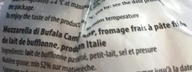 Mozzarella di bufala caloaba ingredients label