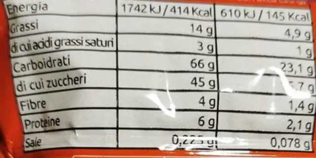 Barretta Energetica nutrition facts table