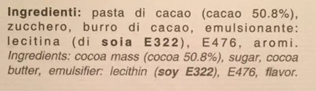 Dark chocolate ingredients label