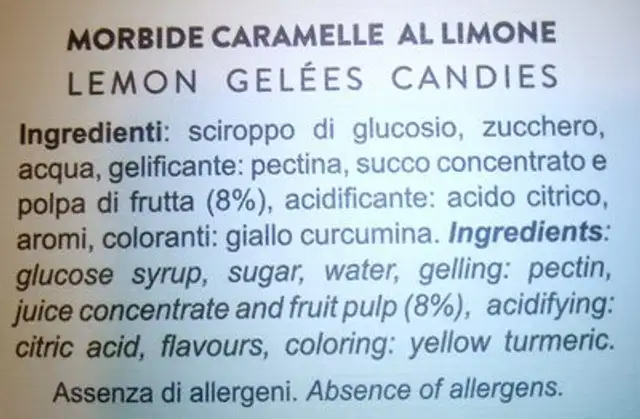 Morbide caramelle al limone ingredients label