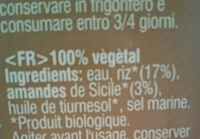 Original almond rice ingredients label