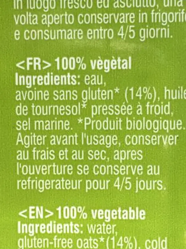 Avena original imp ingredients label