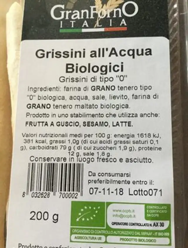 Gressini ingredients label