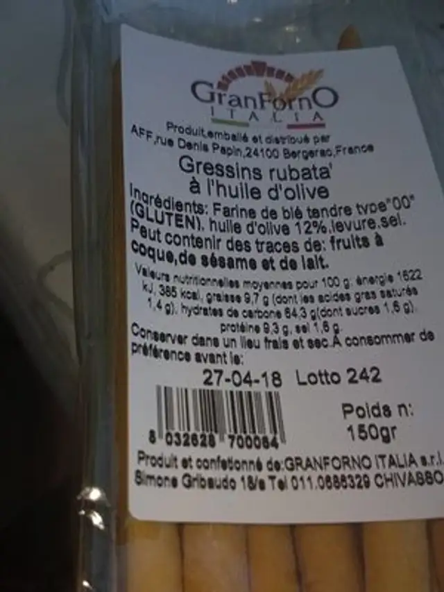 Gressins rubata huile olive ingredients label