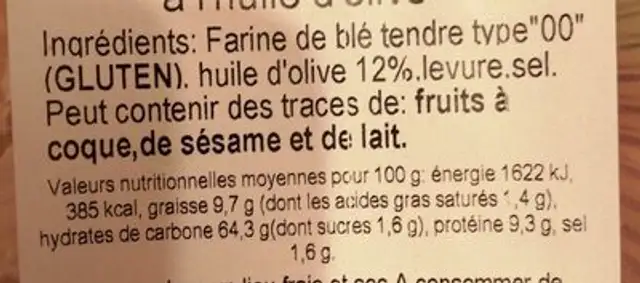 Gressins rubata huile olive nutrition facts table