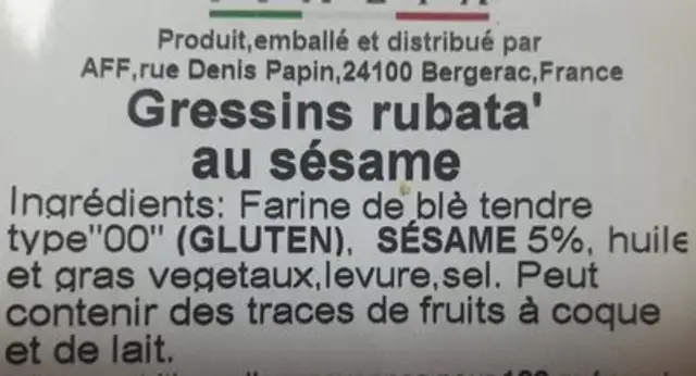 Gressins rubata au sésame ingredients label
