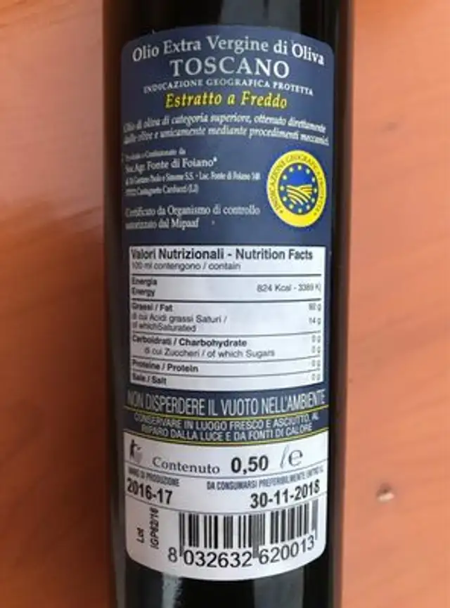 Olio extra vergine di oliva ingredients label
