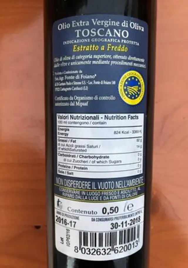 Olio extra vergine di oliva nutrition facts table