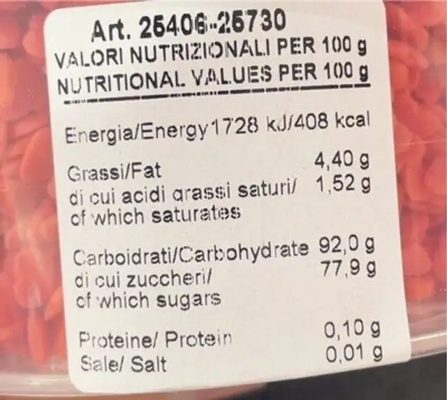 Cuoricini di zucchero nutrition facts table