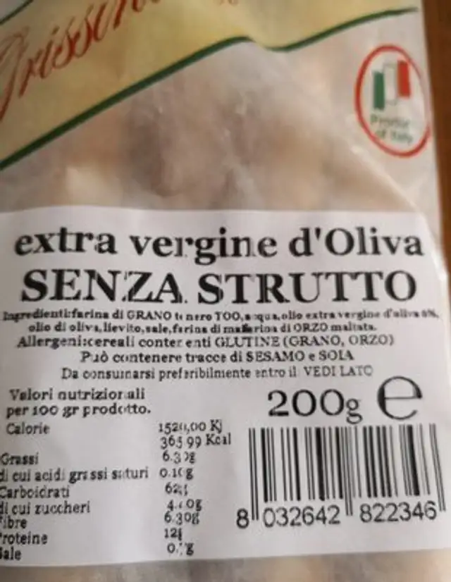 Grissini del Roero ingredients label