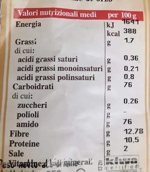 Friselline di orzo nutrition facts table