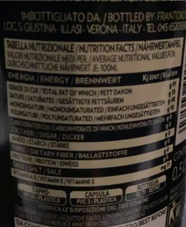 Olio extravergine di oliva italiano nutrition facts table
