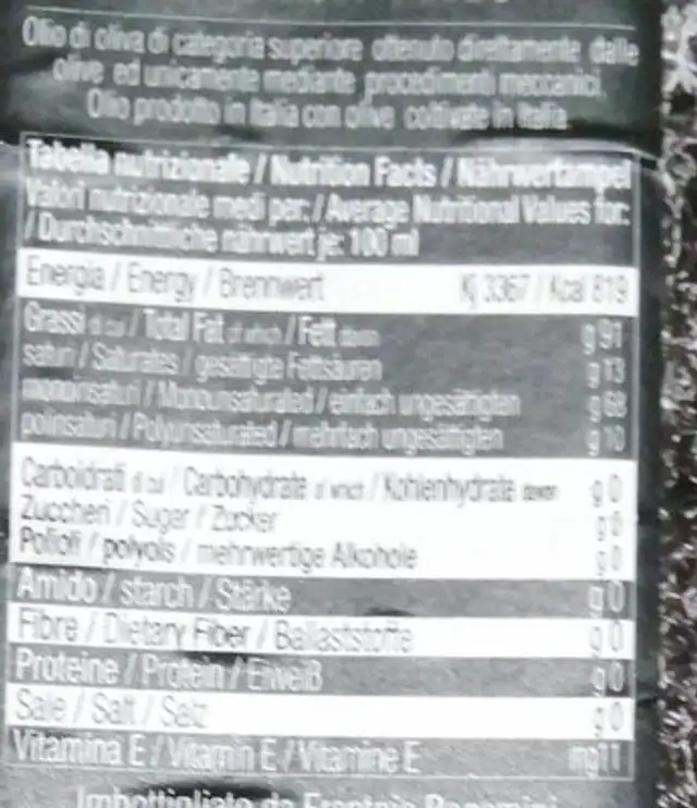 Olio di oliva frantoio 1965 nutrition facts table