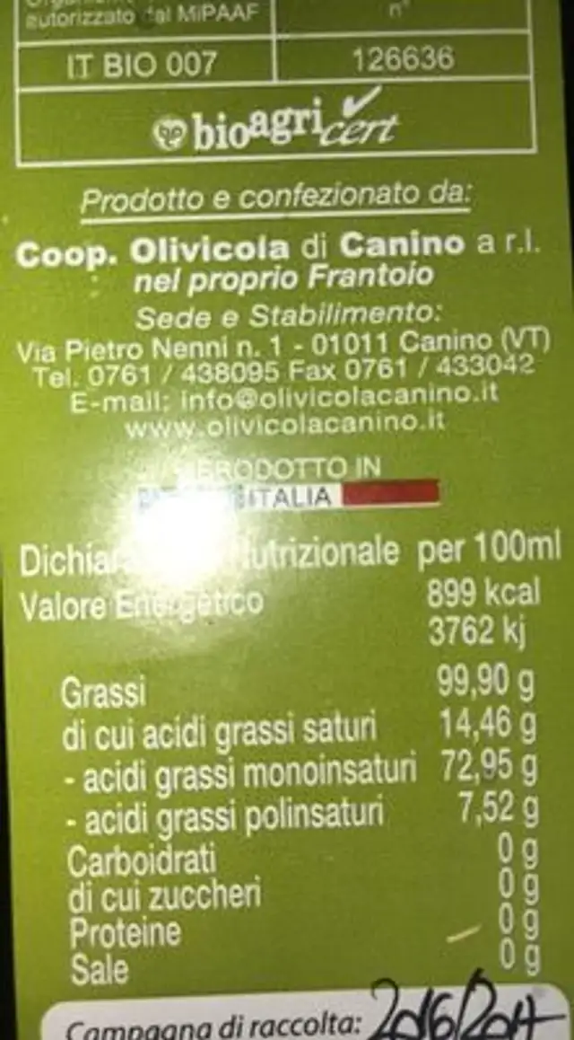 Olio extra virgina di oliva ingredients label
