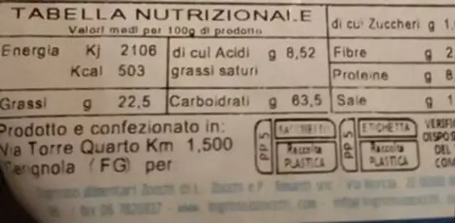 Treccine alle mandorle nutrition facts table