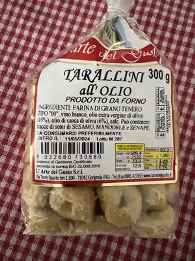 Tarallini All'olio Cerignola GR300 ingredients label