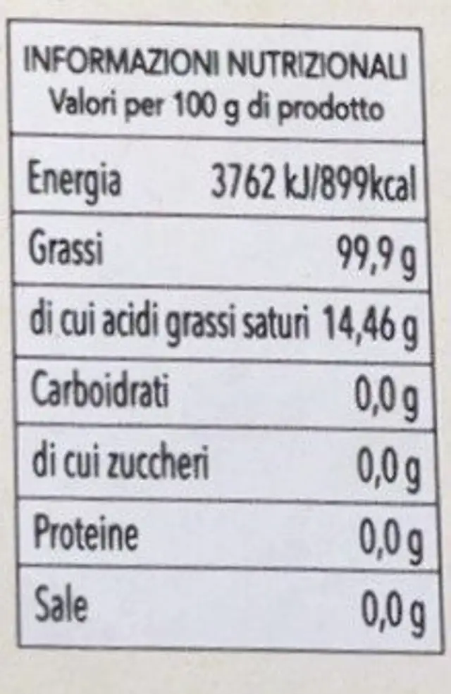 Olio Extra Vergine Di Oliva nutrition facts table