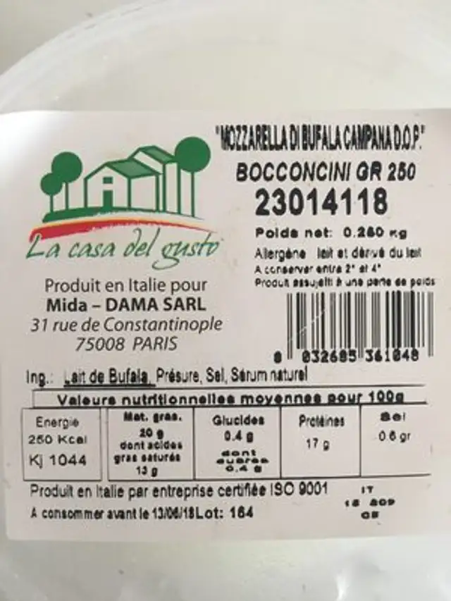 Mozzarella Di Bufala Campana D.O.P ingredients label
