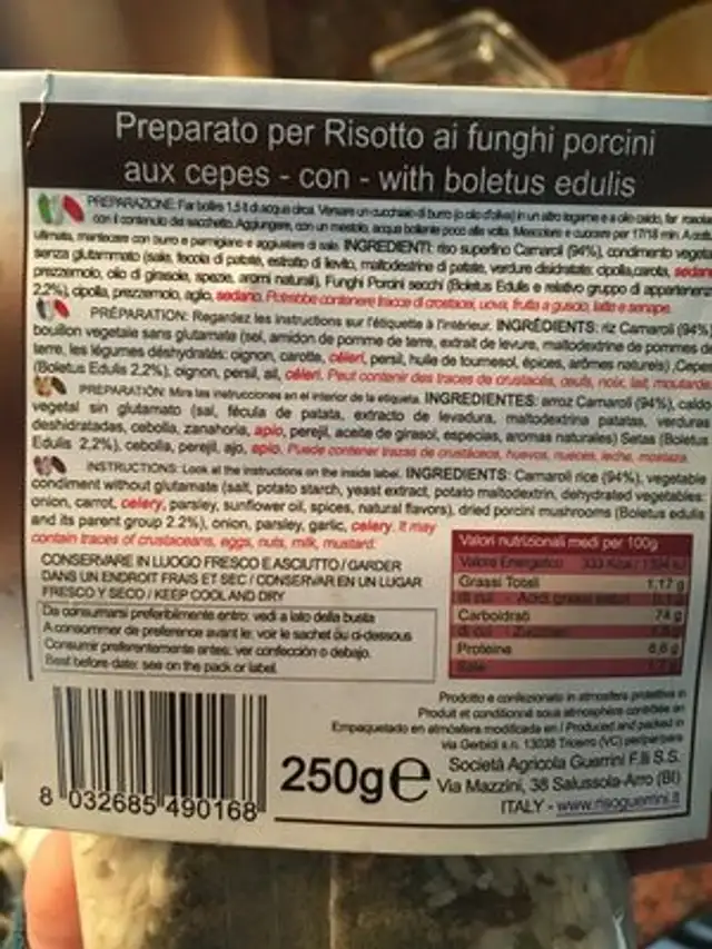 Risotto ai funghi ingredients label