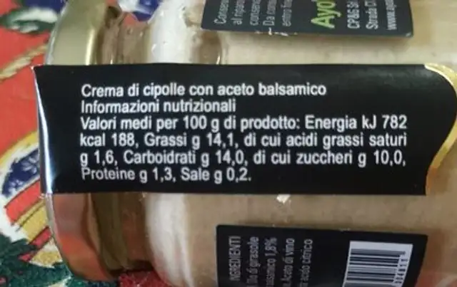 Crema di cipolle a aceto balsamico nutrition facts table