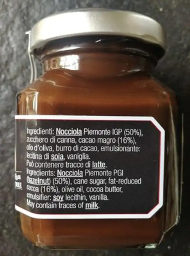 Crema di nocciole e cacao ingredients label