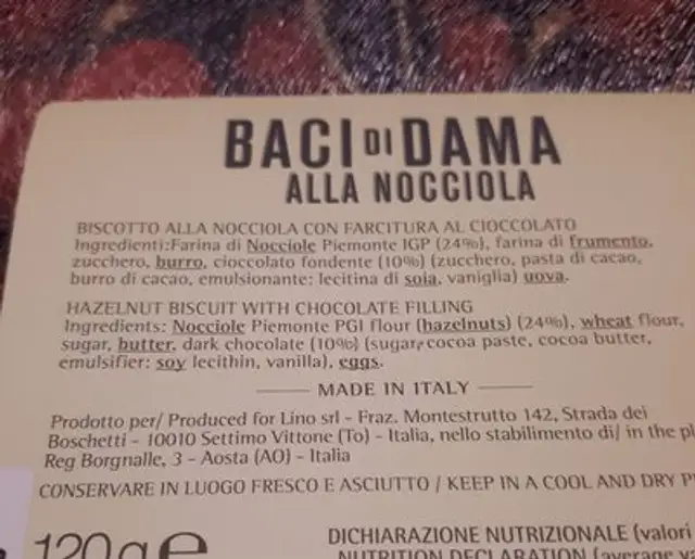 Baci di  Dama ingredients label