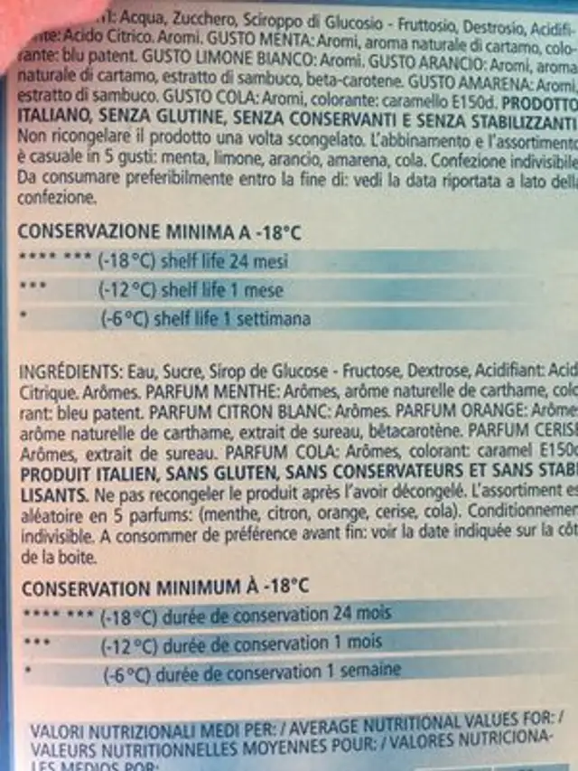 Ghiaccioli ingredients label