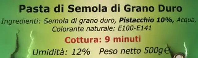 Fusilli al pistacchio ingredients label
