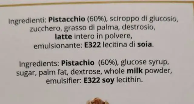 Croccante di pistacchio ingredients label