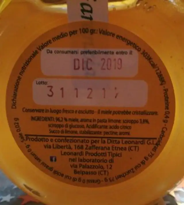 Crema di miele al limone ingredients label