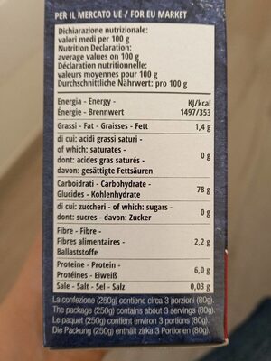 Penne senza glutine di mais e riso integrale nutrition facts table