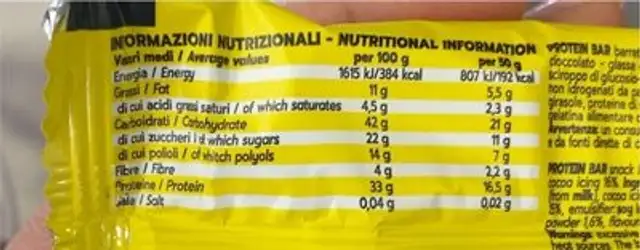 Protein bar nutrition facts table