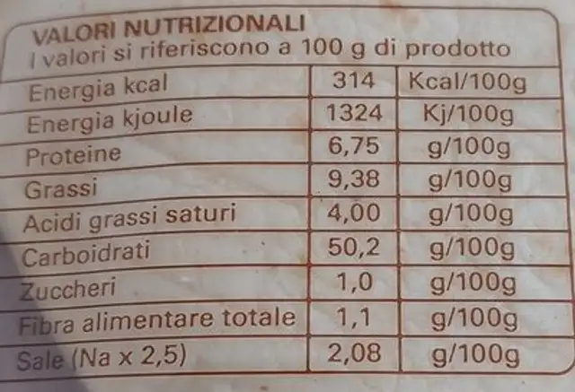 La piana della tradizione nutrition facts table