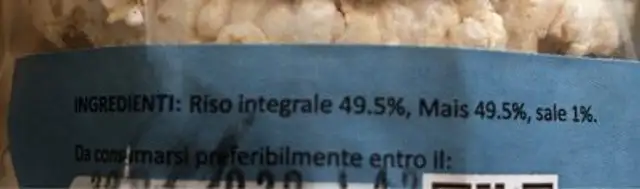 Galette de riz integral et mais ingredients label