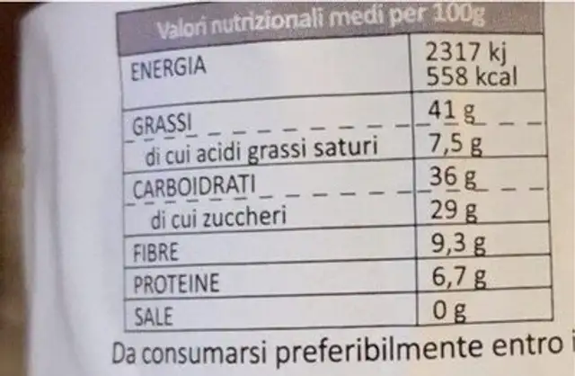 Crema al cacao biologica nutrition facts table