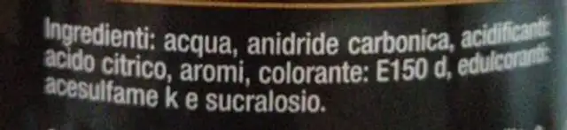 Spuma bionda Ilaria zero ingredients label
