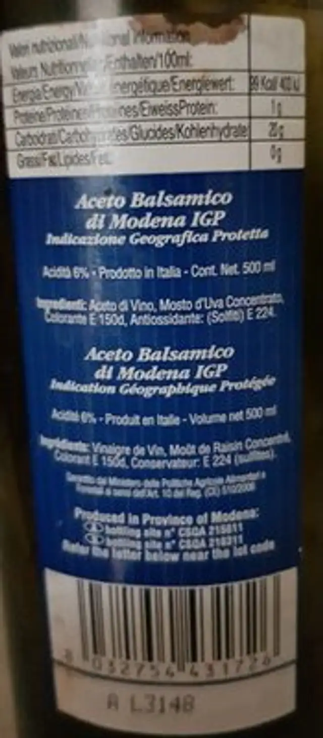 Aceto Balsamico di Modena IGP ingredients label