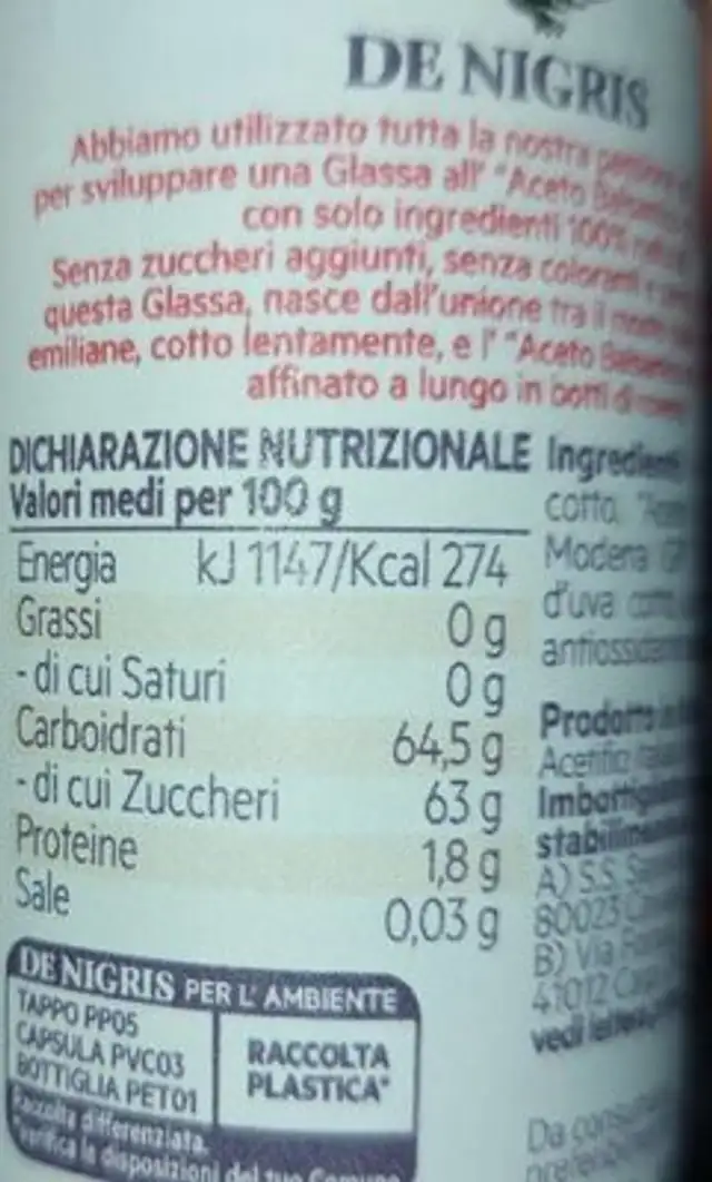 De Nigris Glassa Aceto Bals. modena GR210 nutrition facts table