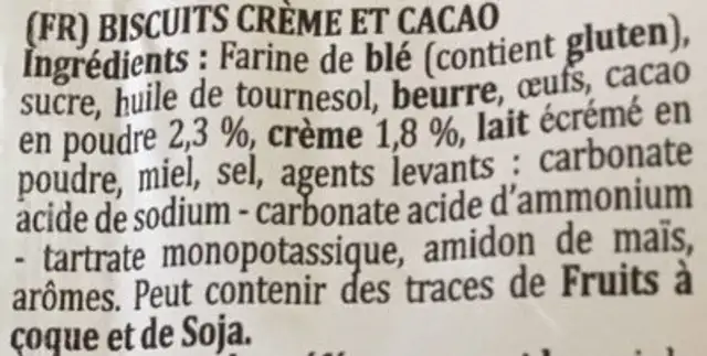 Amiconi con panna e cacao ingredients label