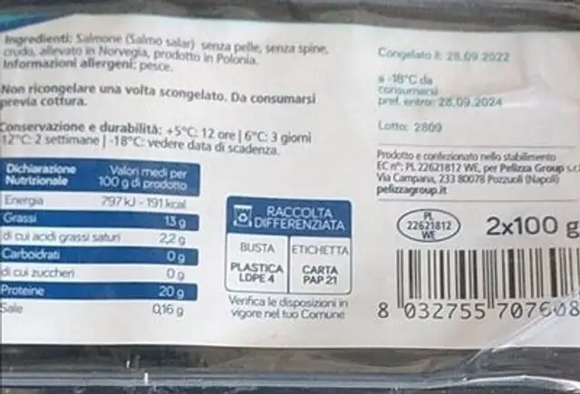 . Porzioni di Fiore di Salmone nutrition facts table